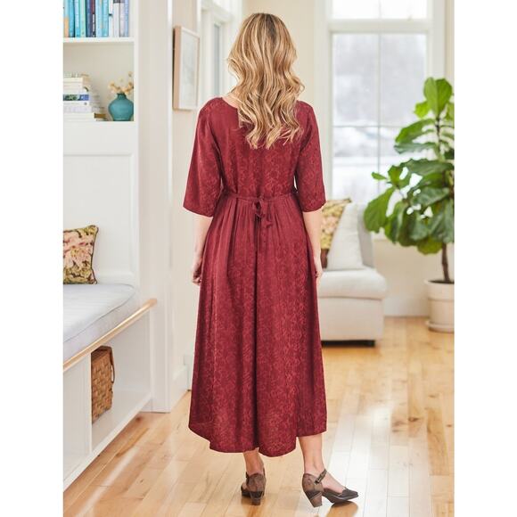 April Cornell Womens Rich Red Jacquard Court Midi Dress Medium Belted - Picture 2 of 8